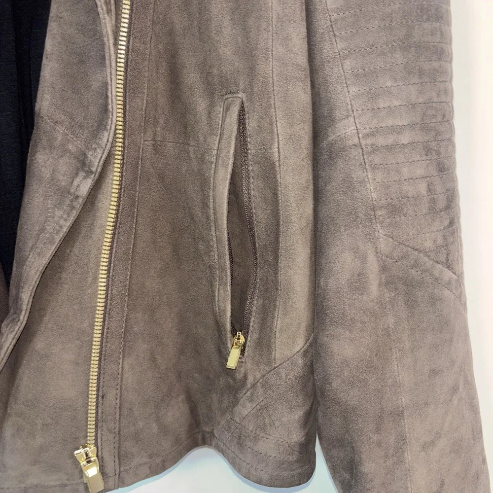 Athleta Genuine Leather Moto Jacket Brown Asymmetrical Zip Size Large EUC - Picture 3 of 8